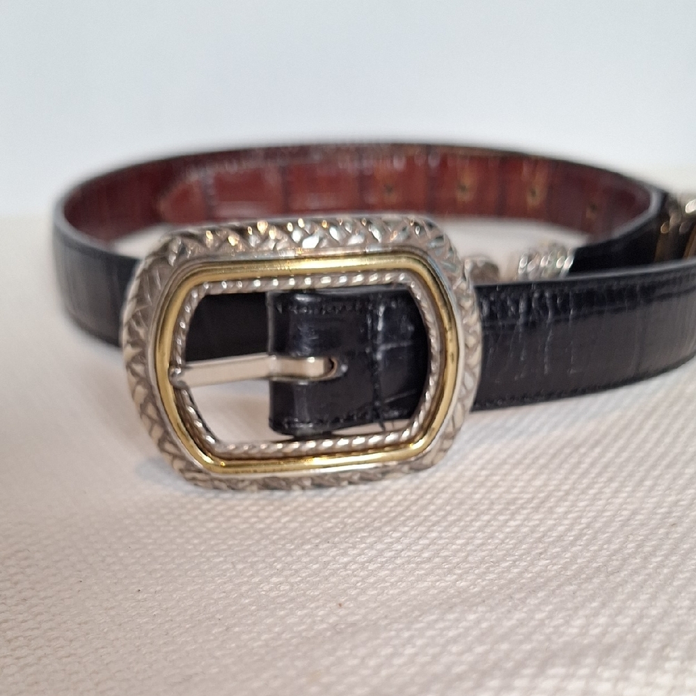 Elegant Black Leather Belt with Silver and Gold Buckle